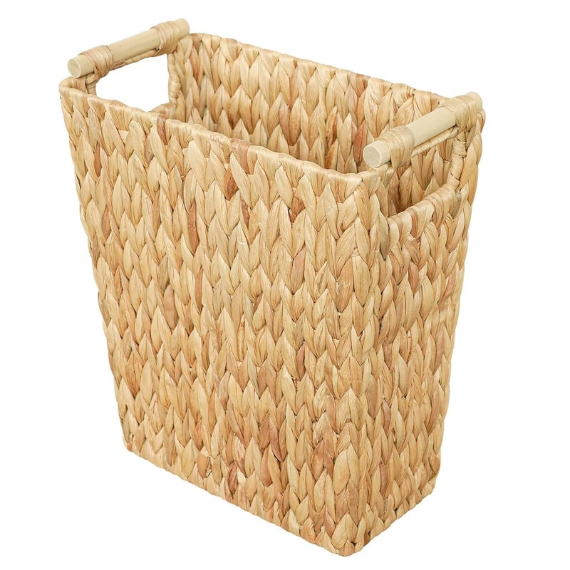 Coeusy 6 Gallon Wicker Trash Can with Wooden Handle,Wicker Waste Basket for Bathroom,Bedroom,Large Narrow Water Hyacinth Trash Basket,Rattan Boho Decor Farmhouse Bathroom Trash Can - Image 1